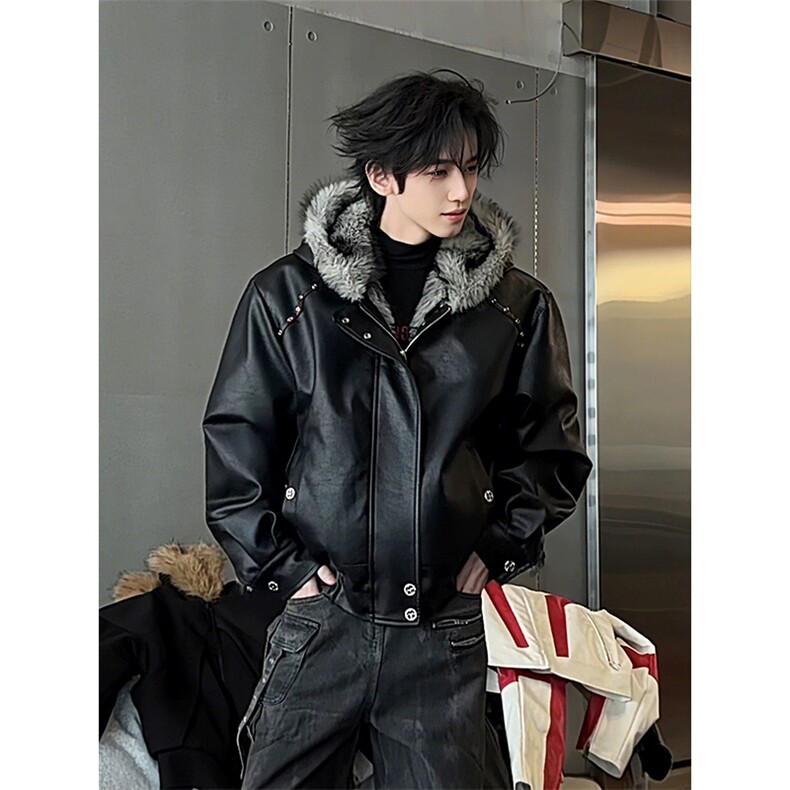 网图有货黑色连帽狼王座山雕皮衣外套棉服男女棉衣A1114-P155，男装皮衣，星座1505