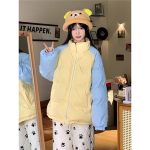 韩系少女撞色拼接立领棉服女美式宽松保暖情侣休闲棉衣图片