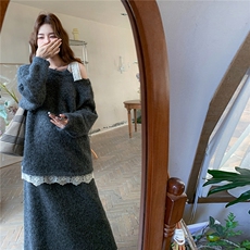 休闲慵懒风穿搭灰色毛呢上衣套装女秋冬超火好看减龄半身裙两件套，女装套装/套裙，2C261