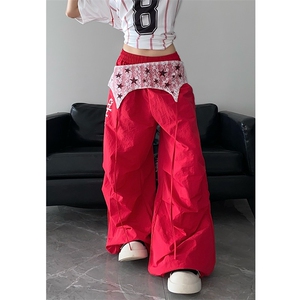 BabyStudios美式复古蕾丝屁帘休闲裤女夏季新款宽松阔腿褶皱长裤图片