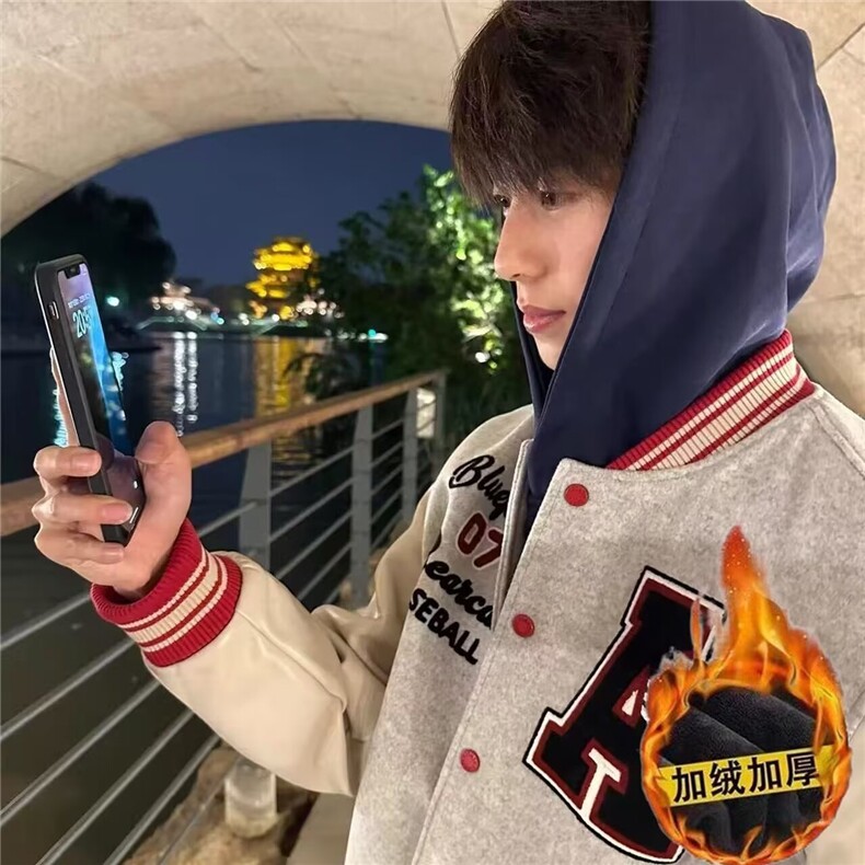 现货美式复古白灰色PU皮拼接刺绣夹棉棒球服男女JK0879/P80,女装职业装,星座205-3
