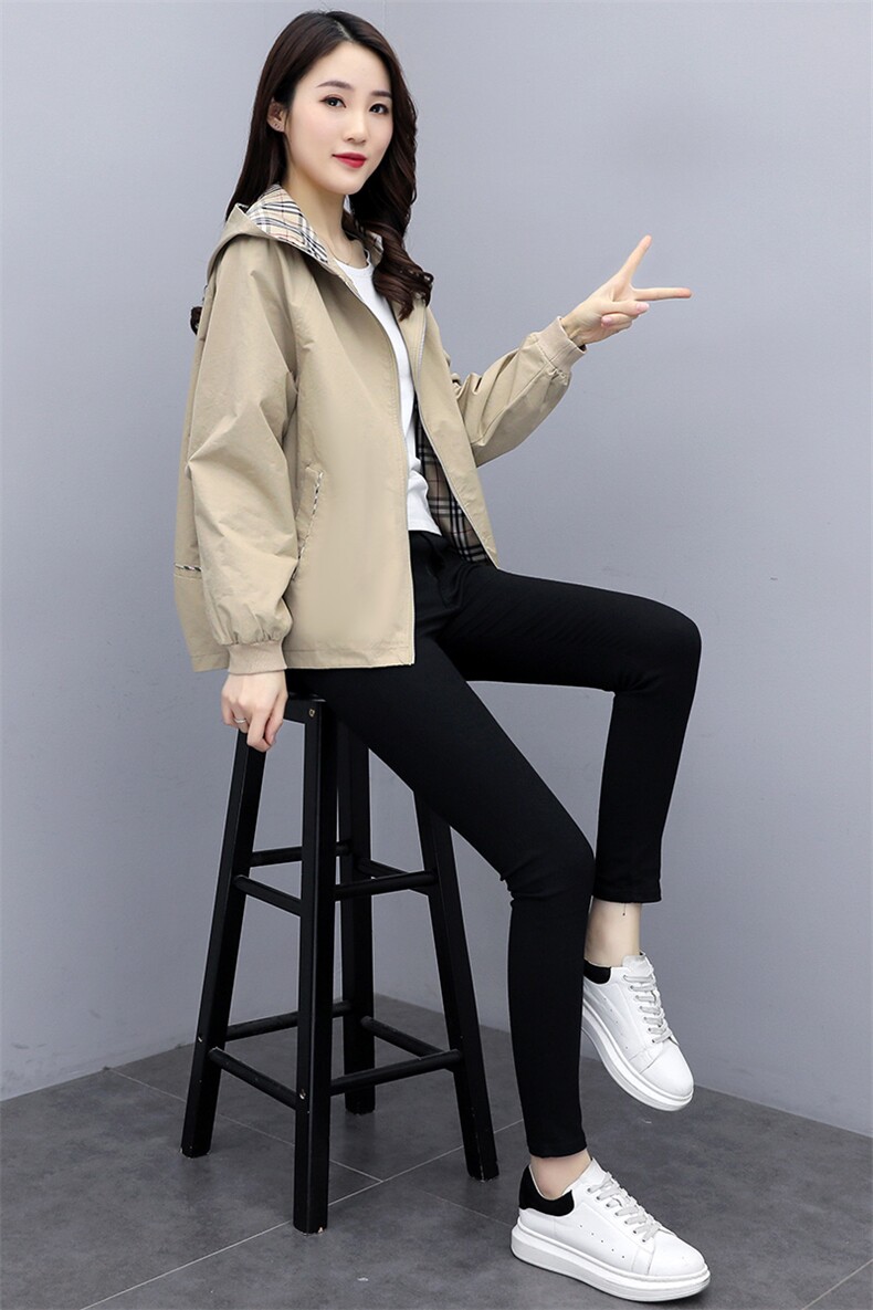 2021年秋季直筒宽松格子拼接拉链插肩袖长袖风衣外套女装,女装风衣,微微衣阁