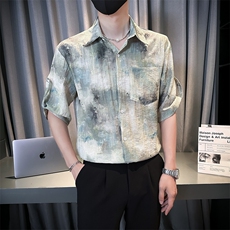 小伙宽松冰丝垂感衬衫男度假风短袖复古花衬衣A236--P50，男装衬衫，电商A236