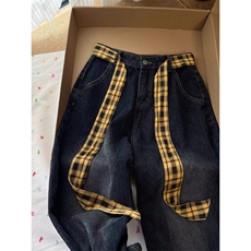 WE1543-P46格子拼接牛仔裤男女直筒显瘦裤子，男装牛仔裤，电商B323A