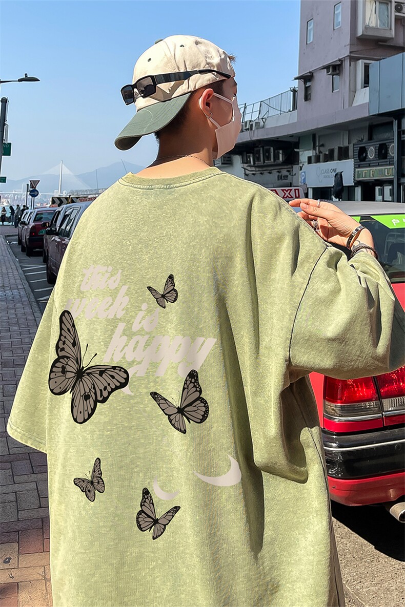 B239-1163-P38蝴蝶字母印花复古水洗做旧半袖重磅短袖T恤美式,男装T恤,星座514-2(原B239)