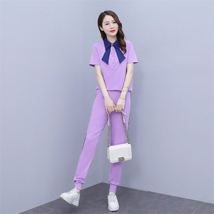 2023新款韩版时尚休闲两件套女 紫色短袖上衣+长裤套装 显瘦百搭运动风图片
