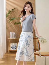 香港大牌轻奢高级感大码短袖T恤印花半身裙两件套，女装套装/套裙，牡丹诺