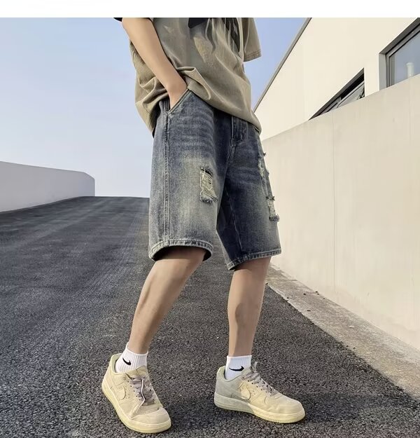 五分牛仔短裤男韩版破洞宽松夏季薄款5分休闲中裤复古大码潮男裤,男装牛仔裤,星座601-2