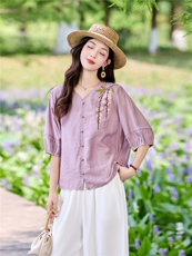 时尚洋气刺绣棉麻套装女2026夏季新款宽松遮肉显瘦阔腿裤两件套，女装套装/套裙，魅影