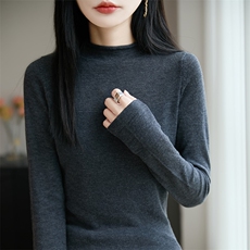 新款纯色圆领针织长袖套头上衣女时尚休闲，女装针织衫/毛衣，皓宇羊绒
