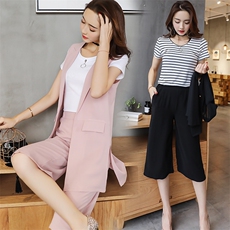 2021年夏季套装/套裙圆领短袖经典条纹时尚显瘦中长款气质，女装套装/套裙，瑶迪依秀