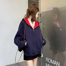 抖音得物二开美式高街重磅结构双层撞色连帽卫衣开衫外套W116，女装短外套，电商A486-1