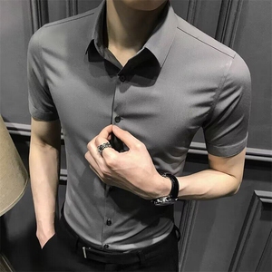 网图现货 纯色修身经典英伦休闲短袖衬衫男百搭衬衣RCY20-P35图片