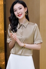纯色真丝衬衫女短袖开衫红色衬衣夏季中年妈妈半袖桑蚕丝上衣衬衣，女装衬衫，阿舍尔精品