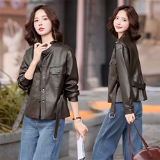 港风机车立领高端皮衣外套女2025春秋季新款休闲系带收腰夹克上衣，女装皮衣，跑量工厂店
