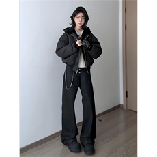 黑色羊羔绒座山雕棉服外套男款冬季加绒加厚cleanfit连帽毛领棉衣，男装棉衣，星座506A