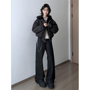 黑色羊羔绒座山雕棉服外套男款冬季加绒加厚cleanfit连帽毛领棉衣图片