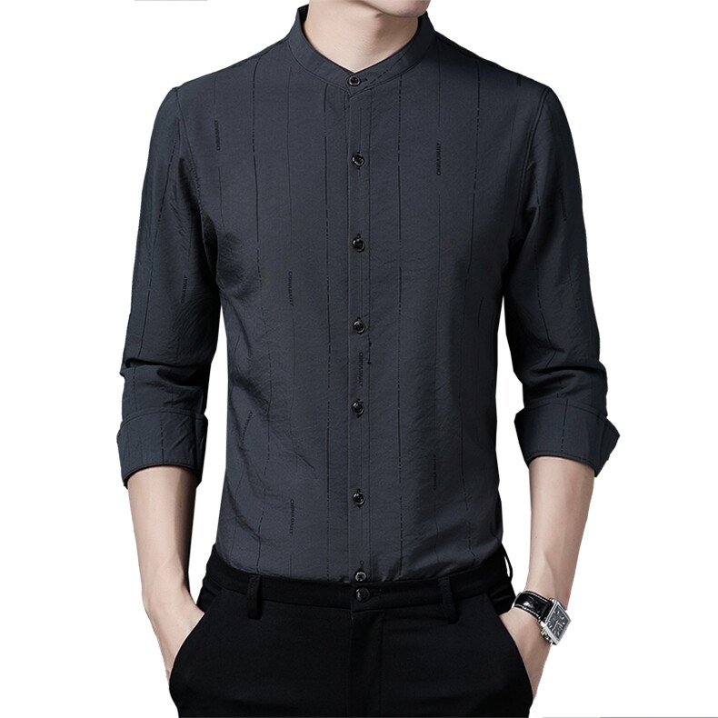 轻奢无领衬衫男长袖2024年秋冬薄款上衣服中年男士休闲立领衬衣,男装衬衫,电商B212（原钱塘6029）