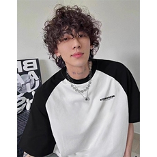 抖音得物高品质二开240克宽松纯棉美式潮牌插肩袖拼接短袖T恤，男装T恤，电商A486