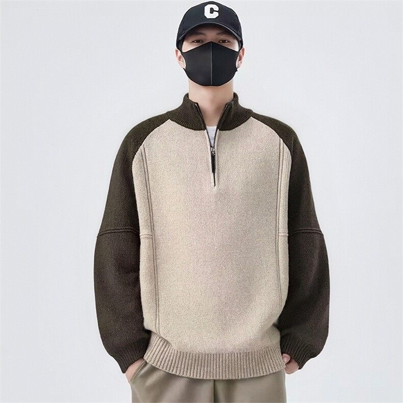 1506-1/M50241/P64拼色插肩袖复古拼接撞色提花针织毛衣，男装针织衫/毛衣，星座1506-1