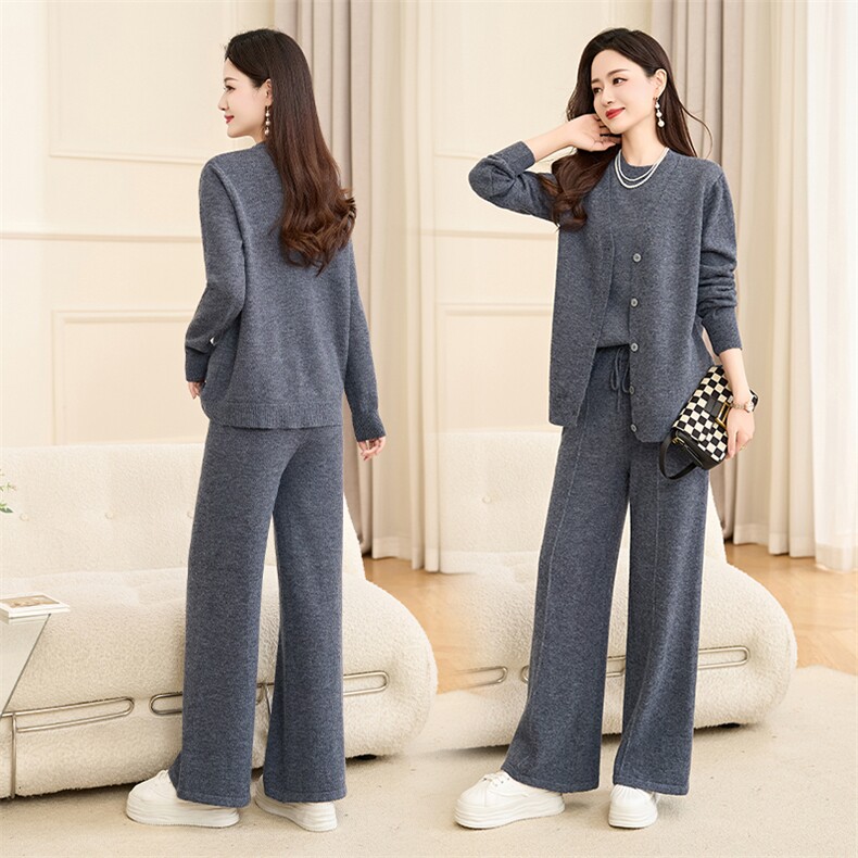 淑女气质假两件开衫针织套装女2025秋季时尚小众时髦毛衣两件套裤，女装套装/套裙，央宝儿