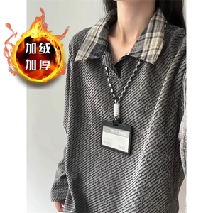 春秋美式潮牌假两件衬衫领卫衣男女宽松百搭情侣打底上衣WYX28图片