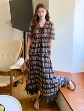 时尚休闲格纹显瘦系带上衣木耳边半裙超仙两件套女，女装套装/套裙，水衣源