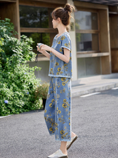 小个子印花牛仔套装女2025夏季新款高腰坠感直筒裤九分裤两件套潮，女装套装/套裙，魅影