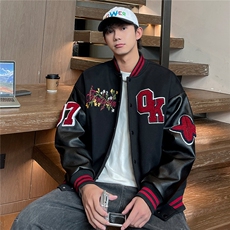 JK5872-P85美式拼接刺绣PU皮撞色棒球服飞行员夹克外套控149，男装夹克，星座109