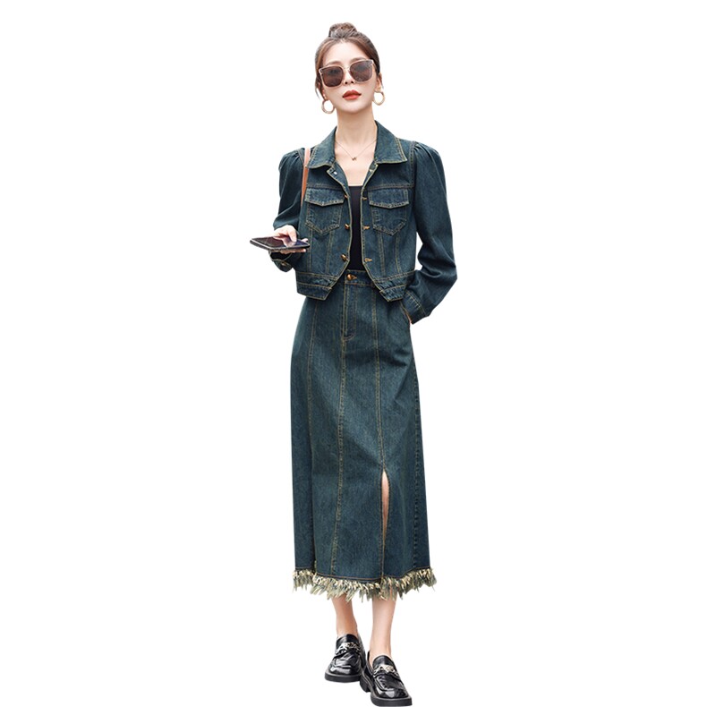 时尚春季新款牛仔套装裙女显瘦修身气质长裙两件套,女装套装/套裙,秋水欣儿