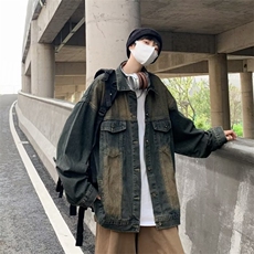 美式复古牛仔外套男春秋季港风宽松工装上衣潮牌ins水洗重磅夹克，男装夹克，星座716-3