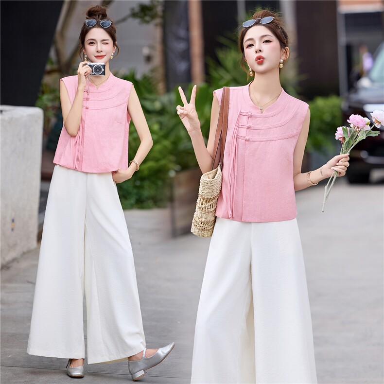 现货209-3277-P155-K218新款新中式夏季盘扣阔腿裤两件套,女装套装/套裙,韩蜜菓