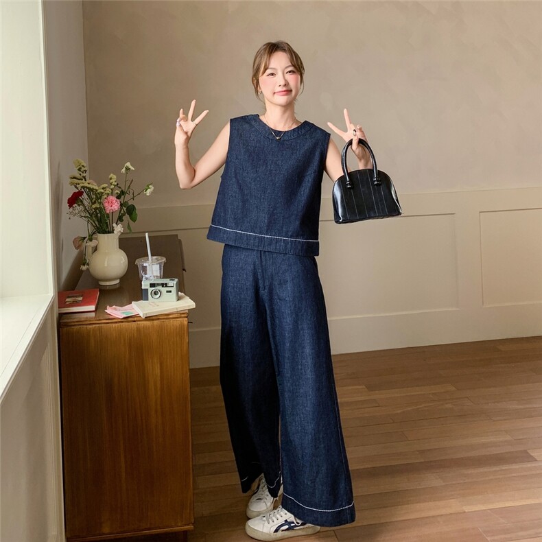 港风复古牛仔套装女2025夏季新款高级感简约无袖上衣阔腿裤两件套,女装套装/套裙,2C159