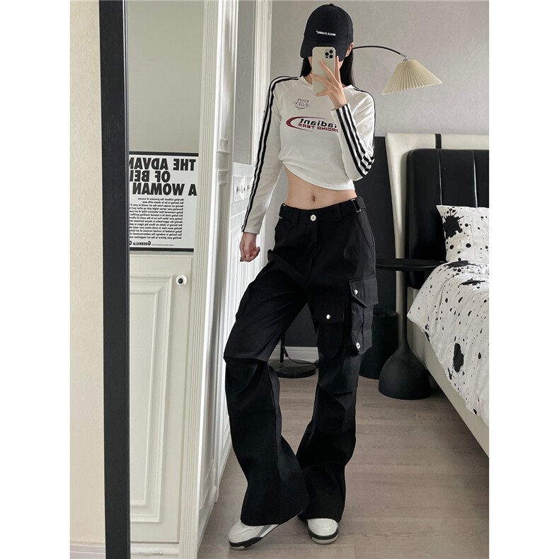 美式高街vibe机能风多口袋伞兵工装裤男女褶皱设计休闲微喇裤潮牌,男装工装外套,星座1210-1