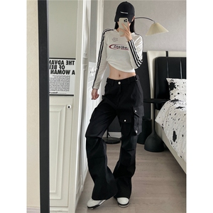 美式高街vibe机能风多口袋伞兵工装裤男女褶皱设计休闲微喇裤潮牌图片