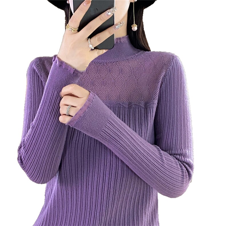时尚半高领欧根纱拼接针织衫显瘦修身长袖毛衣女款,针织衫/毛衣,暖姿羊绒