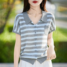 POLO领短袖T女开衫条纹撞色天丝亚麻针织衫宽松新款时尚飞袖上衣，女装针织衫/毛衣，暖烁羊绒