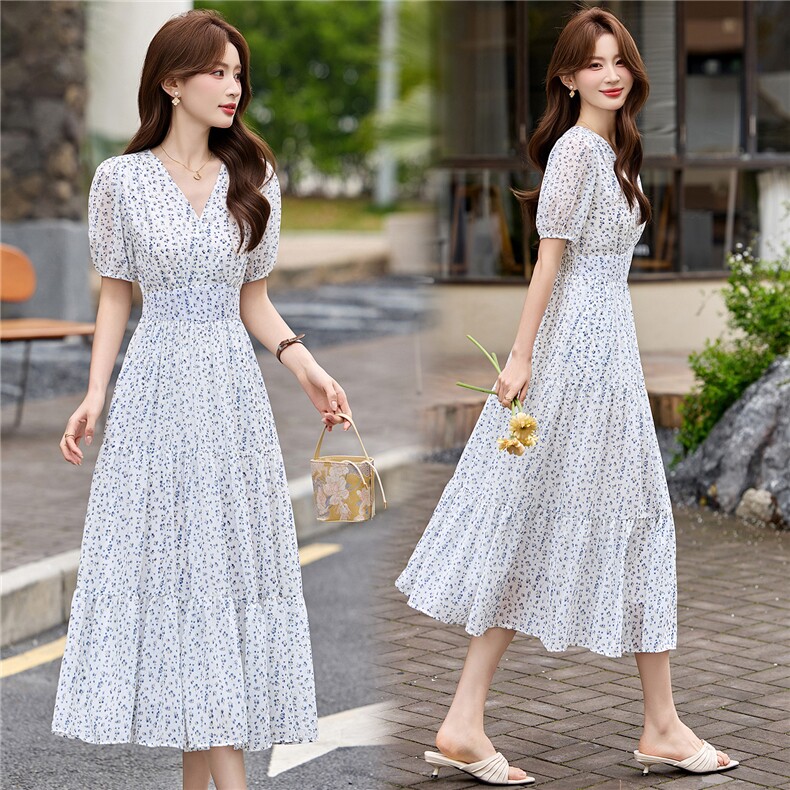 2026年夏季时尚潮流气质V领碎花修身连衣裙，女装连衣裙，江南富贵女