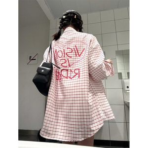 韩系少女风粉色格子衬衫外套女夏季字母印花polo领防晒衫C4122