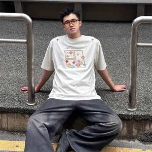 万针全刺绣工艺 高品质260克双纱纯棉美式高街短袖T恤 特P33图片