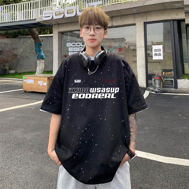 量大优供抖音视频支持得物配合二开美式满天星亮片短袖T恤MTX289,男装T恤,电商A486