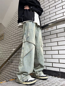 DN8101-P52；泥黄色工装牛仔裤男春秋季美式高街阔腿裤设计感潮牌图片