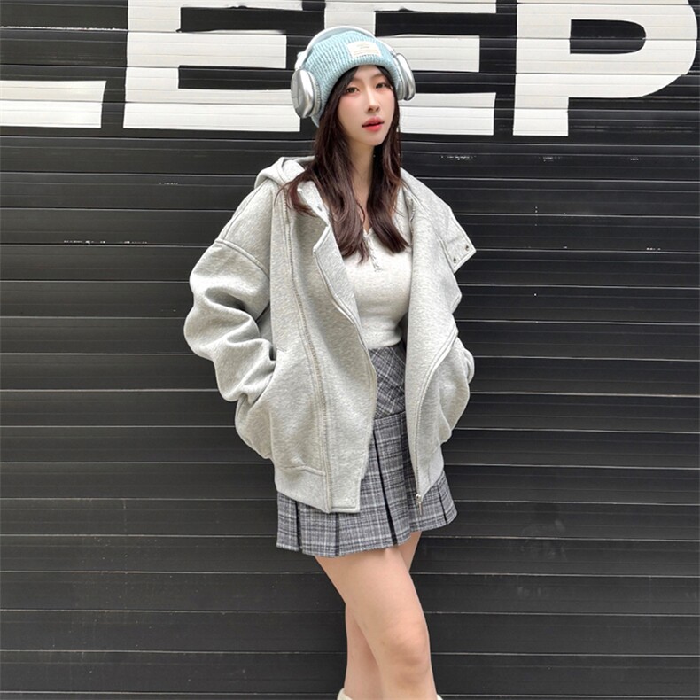 抖音得物品质26春装美式重磅结构斜拉链高领连帽卫衣开衫外套W61,女装短外套,电商A486-1