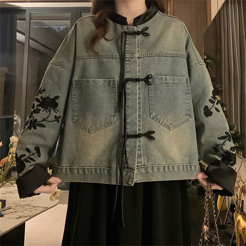 新中式风牛仔外套女盘扣绣花短款百搭C742-98,男装工装外套,星座911-2(原星座613-2）