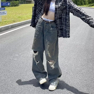 美式复古秋季破洞牛仔裤男女潮牌设计感高级感小众反穿裤子图片