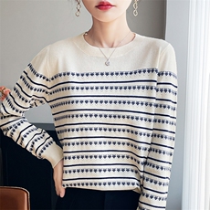 秋冬新款淑女风圆领条纹拼色羊毛针织衫女长袖提花百搭打底衫毛衣，女装针织衫/毛衣，斯美雅安迪绒