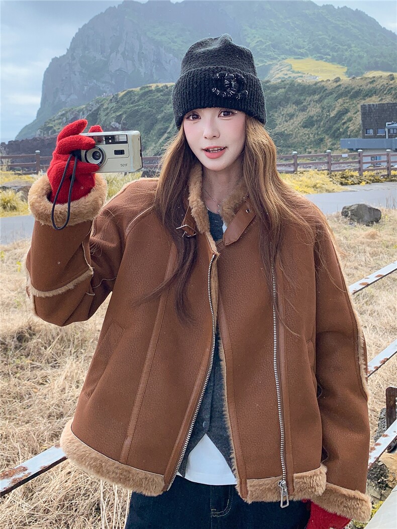 美拉德咖色羊羔毛外套女冬季2025新款时尚皮毛一体麂皮绒加厚棉服,女装羊羔毛/颗粒绒,诺蝶
