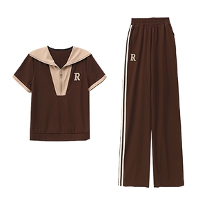 夏季女士运动服两件套短袖休闲时尚潮流拼接大码妈妈装显瘦套装图片