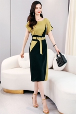 2021年夏季高腰圆领套头短袖收腰显瘦气质优雅拼接色连衣裙，女装连衣裙，仟媚宠