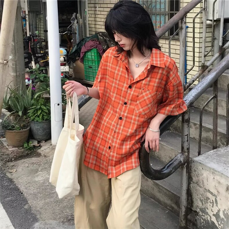 原宿简约日系日系复古格子衬衫女夏季多巴胺潮无品牌潮流ins新款,男装衬衫,星座506A